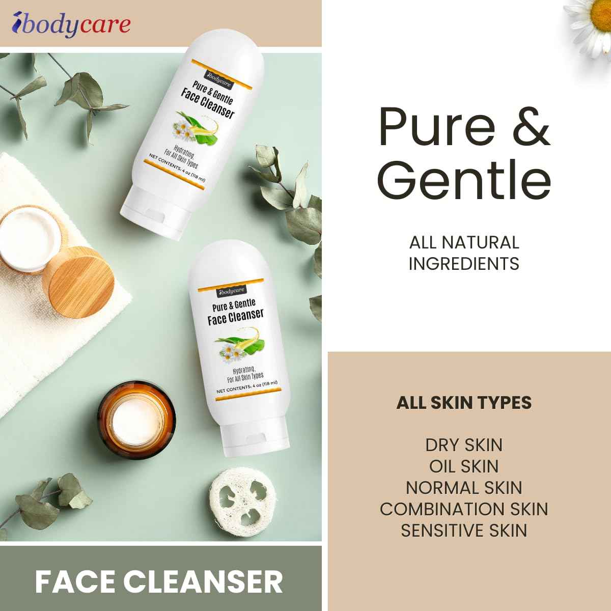 ibodycare Aloe Chamomile Face Cleanser for Sensitive Skin, Sulfate Free, Paraben Free, Fragrance Free, Daily Face Wash, Gentle Natural Cleanser for Women and Men, 4 oz (2 Pack)