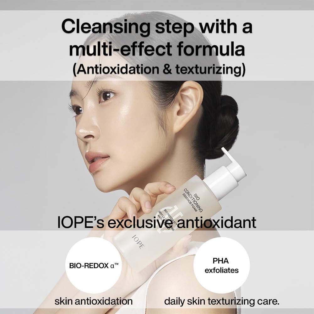 IOPE BIO Conditioning Essence Foam Facial Cleanser - Gentle Makeup Cleansing & Moisturizng for Sensitive Skin, Antioxidant, Daily exfoliation with PHA, Korean Face wash, 6.08 Fl Oz