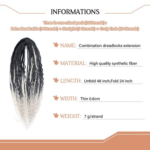 Lounoke 24 Inch Double Ended Dreadlock Extensions Sets, 20 Strands 3 In 1 Mixed Synthetic Dreads Extensions, Gray to White Straight&Curly&Boho Handmade Dreads Hippie Style Dreadlocks for Woman