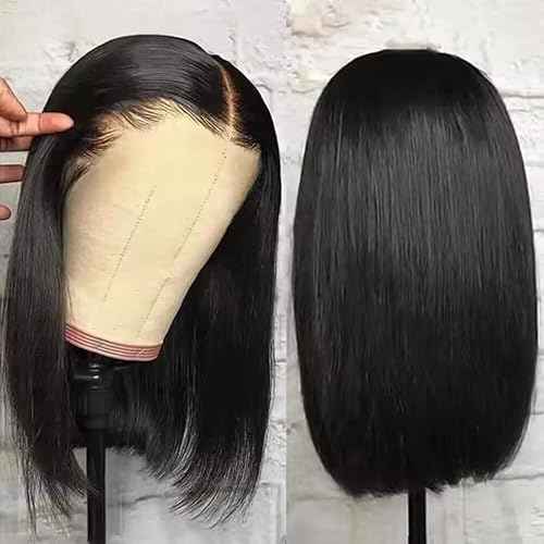Bob Wig Human Hair 180% Density 13x4 HD Transparent Lace Front Wigs Human Hair Pre Plucked Short Bob Glueless Straight Wigs Human Hair for Women Natural Black 14 Inch