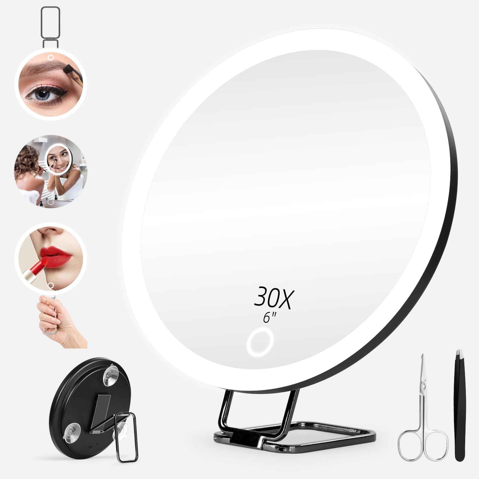 30x Magnifying Mirror With Light, Large 6" Rechargeable Lighted With Suction Cups & Table Stand, 3 Color Modes Dimmable Light up Travel Makeup High Magnification