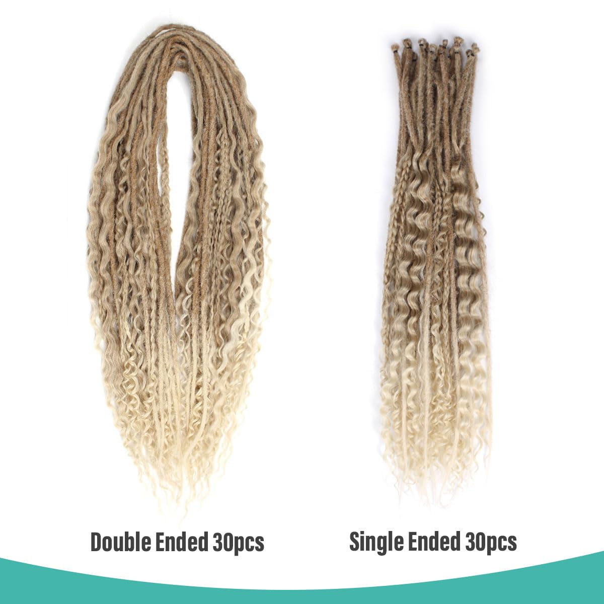 Pouweney 24 Inch 3 In 1 Dreadlock Extensions Sets, 30 Strands Mixed Brown to Blonde Synthetic DE Dreads Extensions, 100% Handmade Soft Double Ended Curly Boho Wavy Dreads for Girls