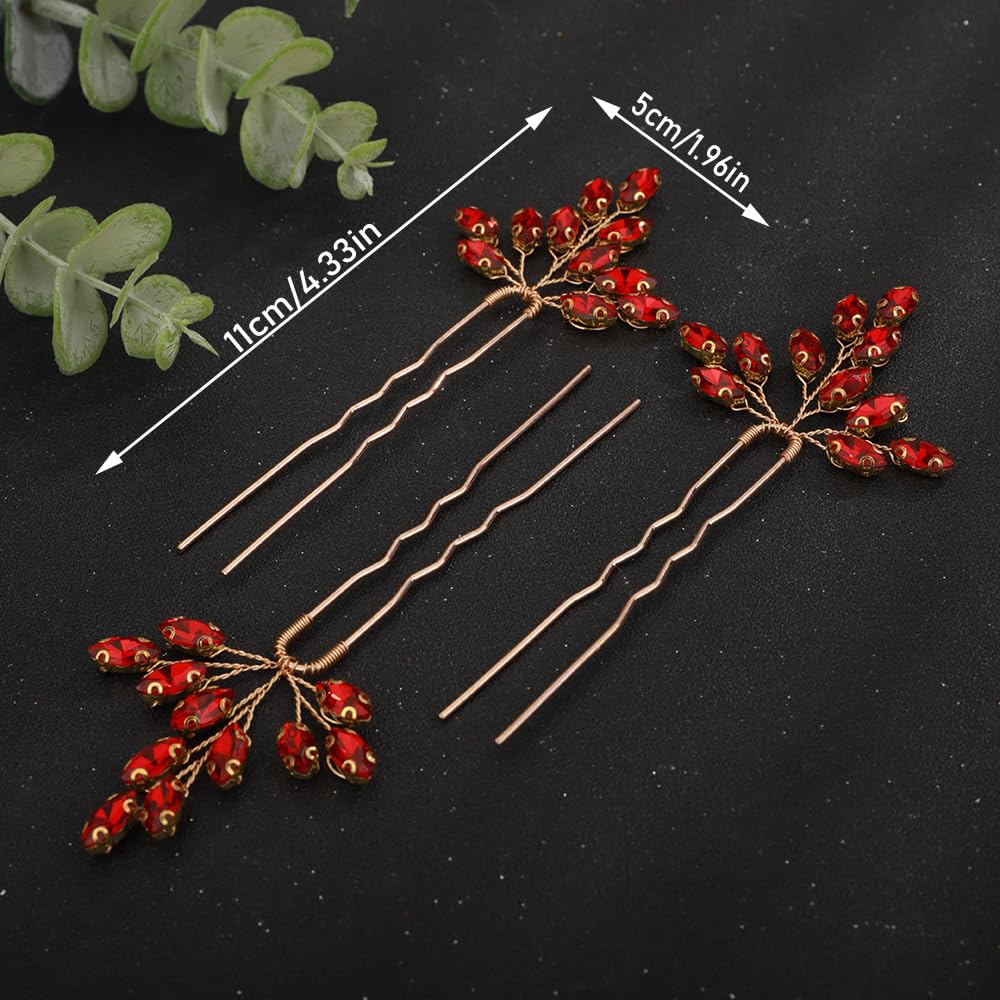 Teyglen 3pcs Crystal Bridal Hair Pins Green Rhinestone Wedding Hair Piece Hair Accessories for Bride Handmade Red Blue Green Crystal Hair Pins Set for Women Girl Party Prom (Peacock green)