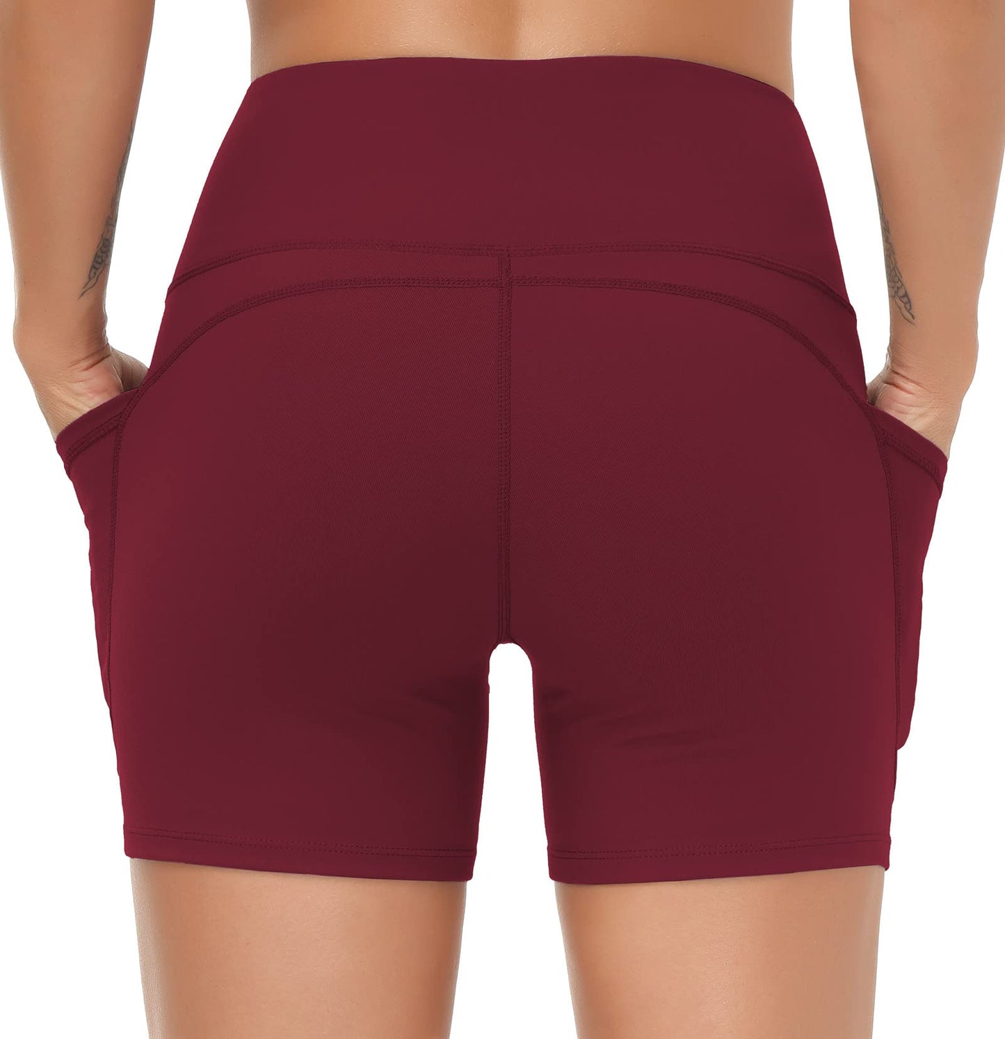 THE GYM PEOPLE High Waist Yoga Shorts for Women's Tummy Control Fitness Athletic Workout Running Shorts with Deep Pockets (Small, Wine Red)