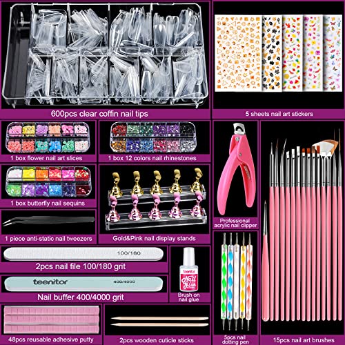 Teenitor Acrylic Press On Nail Art Starter Kit with 600 Clear Coffin Tips