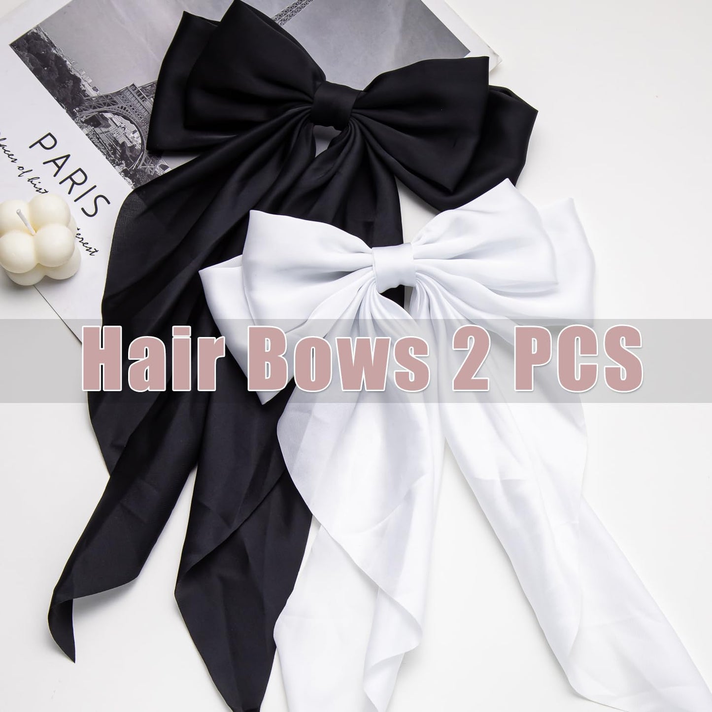 Oversized Long-tail Cute Aesthetic Hair Accessories: 2 PCS Ribbon Barrettes with Large Hair Bows for Women (Beige, Sky Blue)