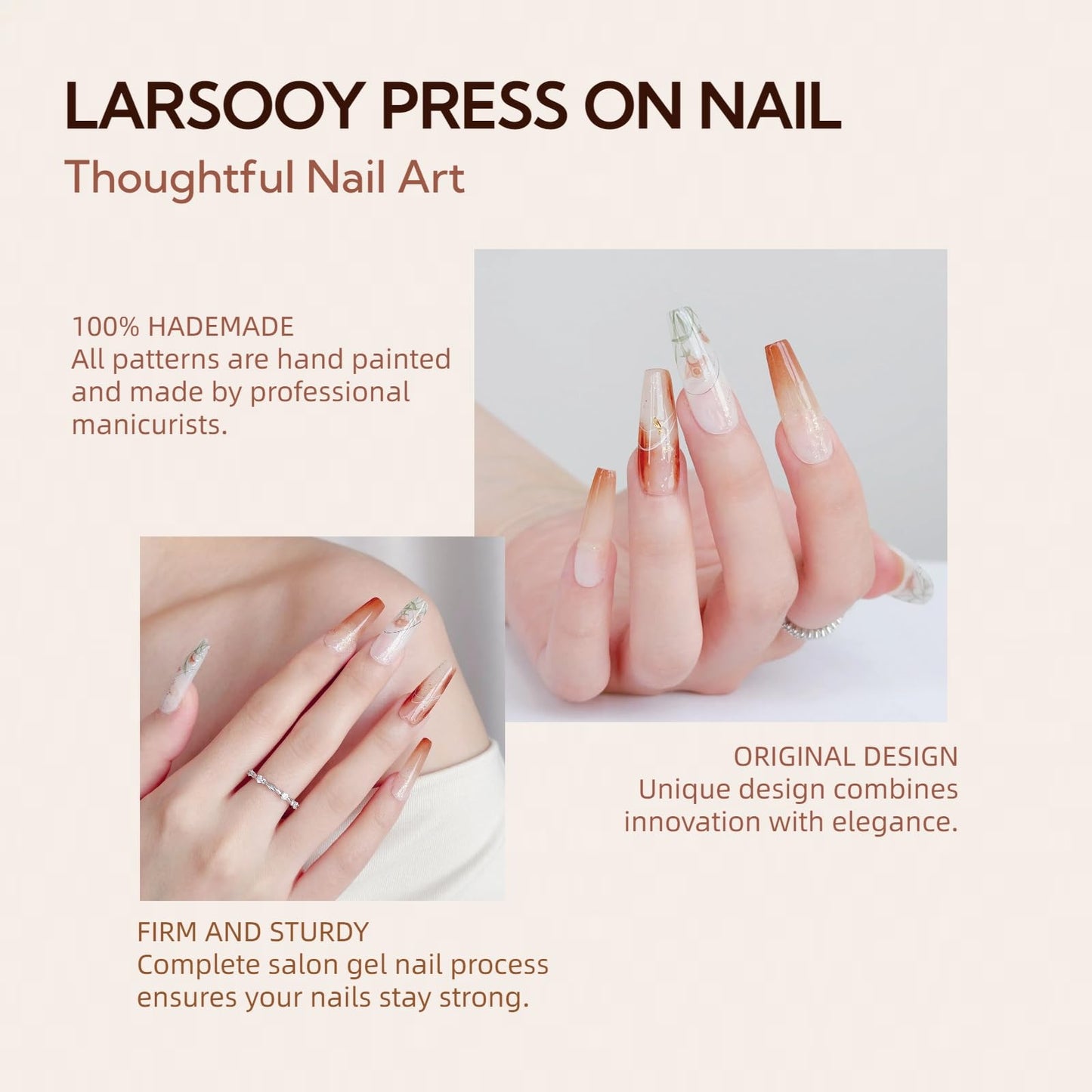 LARSOOY Nails Handmade Press on Nails Long Coffin | Handmade Nails with Watercolor Painting | Reusable Fake Nails with Nodding Flowers (Morning Dew Petals, M)