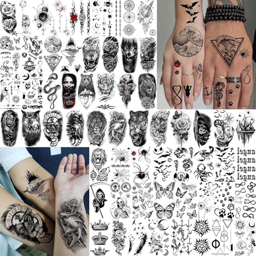 72 Sheets Lion Skull Temporary Tattoos For Men Women, Halloween Half Arm Sleeve Tattoo Stickers Zeus Eagle Tiger Ship, Bulk 3D Watercolor Temp Gothic Waterproof Fake Tattoos Adults Flower Skeleton