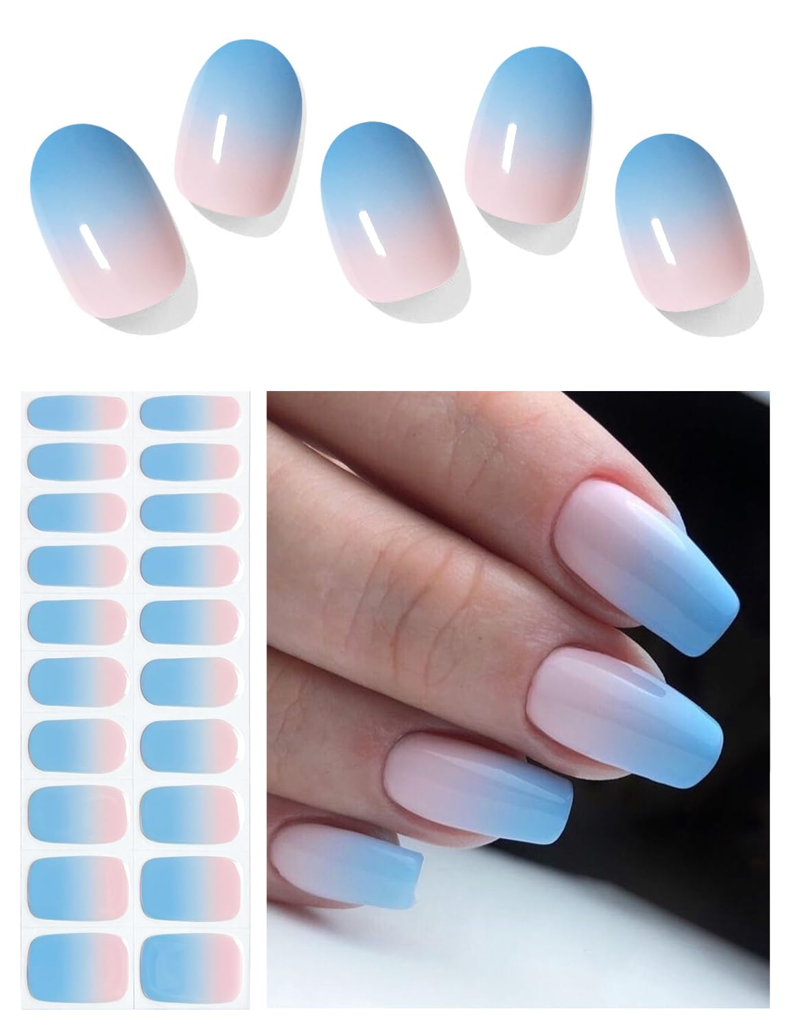 AutyaMee Semi Cured Gel Nail Strips (Blue Pink Ombre)-20 PCS Gel Nail Stickers | UV Light Required | Gel Nail Wraps, Salon Quality & Easy to Use