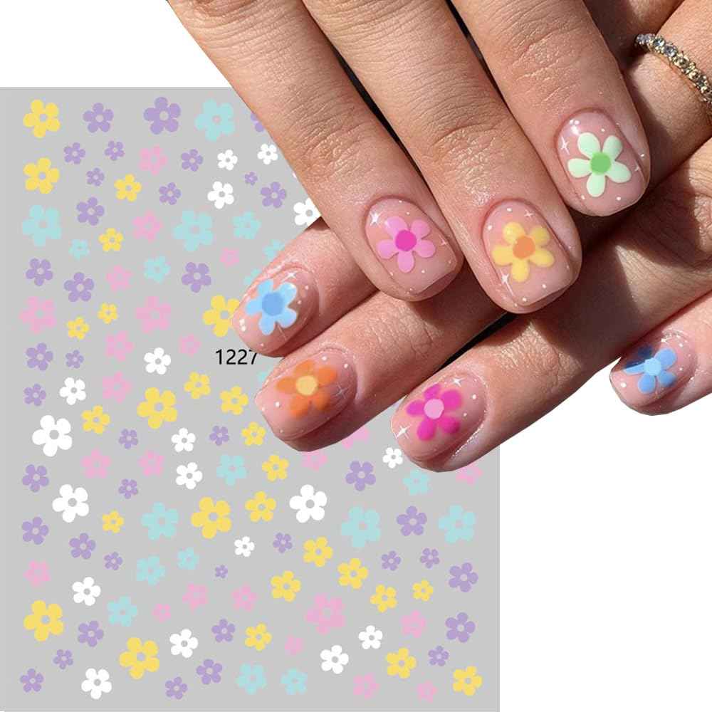 Flower Nail Art Stickers, Floral Daisy Nail Decals 3D Self-Adhesive Pink White Cute Daisy Small Flower Spring Summer Nail Design Manicure Tips Nail Decor Accessories for Women Girls(6Sheets)