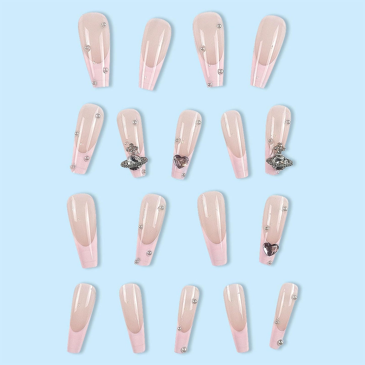 Pink French Tip Press on Nails Long Coffin False Nails Valentines Heart Exquisite Fake Nails Nude Translucent Acrylic Nails Pearls and Big Rhinestones Glue on Nails for Women 24Pcs