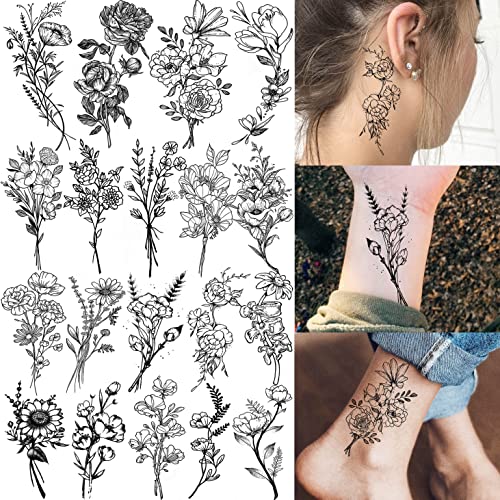 19 Sheets Black Flower Temporary Tattoos for Women