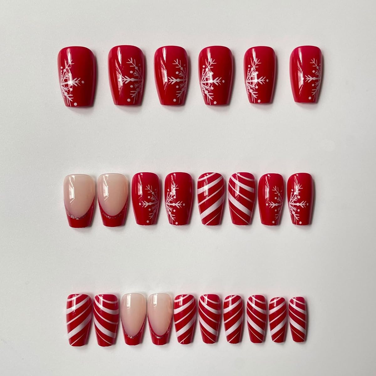 Christmas Press on Nails Square Medium Fake Nails with Snowflake Red White Stripes Pattern, Winter Xmas Design False Nails with Glue Full Cover Artificial Acrylic Nails -24pcs