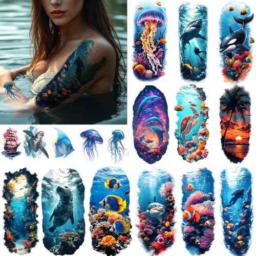 Tazimi Temporary Tattoo for Women Men 12 Sheets Realistic Half Arm Fake Tattoos 8 Sheets Tiny Waterproof Ocean Sea Animal Tattoos Stickers for Adults Kids