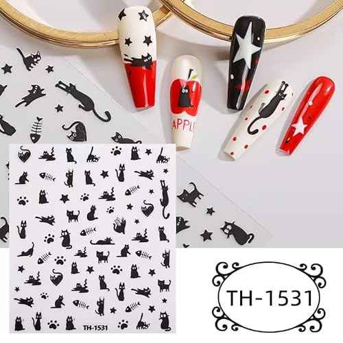 Black Cat Nail Art Stickers, 8 Sheets, Cat Nail Stickers,Cartoon Animal Self-Adhesive Nail Decals Supplies Cute Cartoon Manicure Sliders for Women Girls Nail Art Decorations