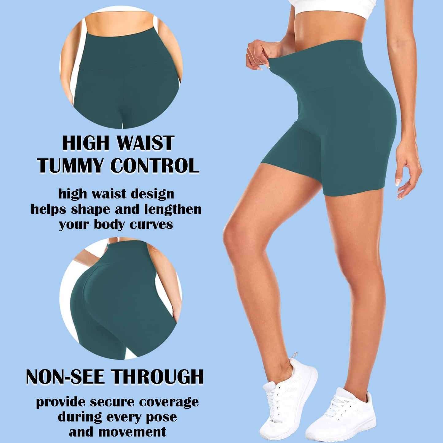 FULLSOFT High Waisted Biker Shorts for Women-5" Tummy Control Fitness Athletic Workout Running Yoga Gym Soft Shorts (Dark Green,Small-Medium)