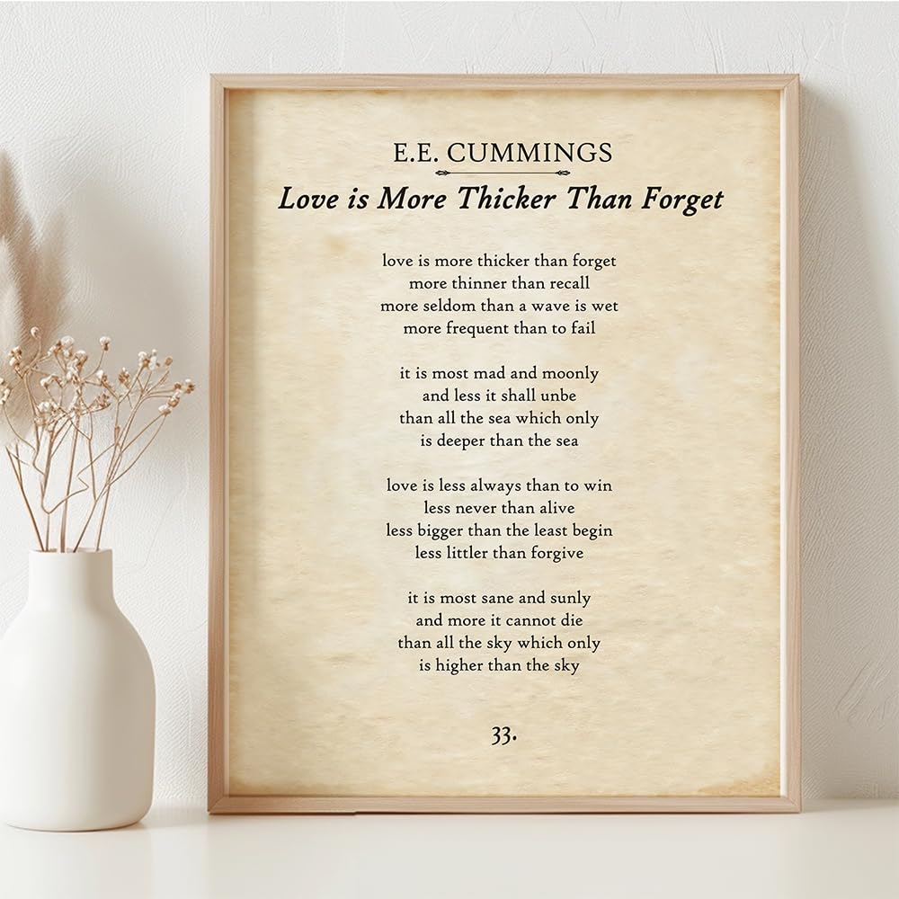 E.E. Cummings - Love is More Thicker Than Forget - Inspirational Wall Decor Poster for Home, Office, Bedroom, or Classroom, Poetry and Literature Gift Idea, 11x14 Framed Motivational Wall Art Poster