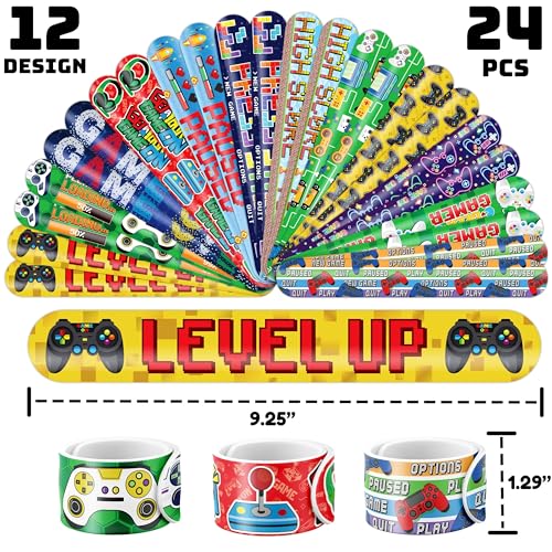 48PCS Video Game Party Set ? 24PCS Temporary Tattoos & 24PCS Slap Bracelets ? Gamer-Themed Birthday Supplies, Baby Shower Gifts, Classroom Rewards & Party Decor for Kids (Boys & Girls)