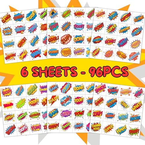 Hero Temporary Tattoos for Kids - 96 PCS Pre Cut Cute Hero Comic Boom Wow Bang Pow Omg Themed Tattoo Stickers for Birthday Party Decorations Favors Supplies Goodie Bag Fillers Gifts for Boys Girls