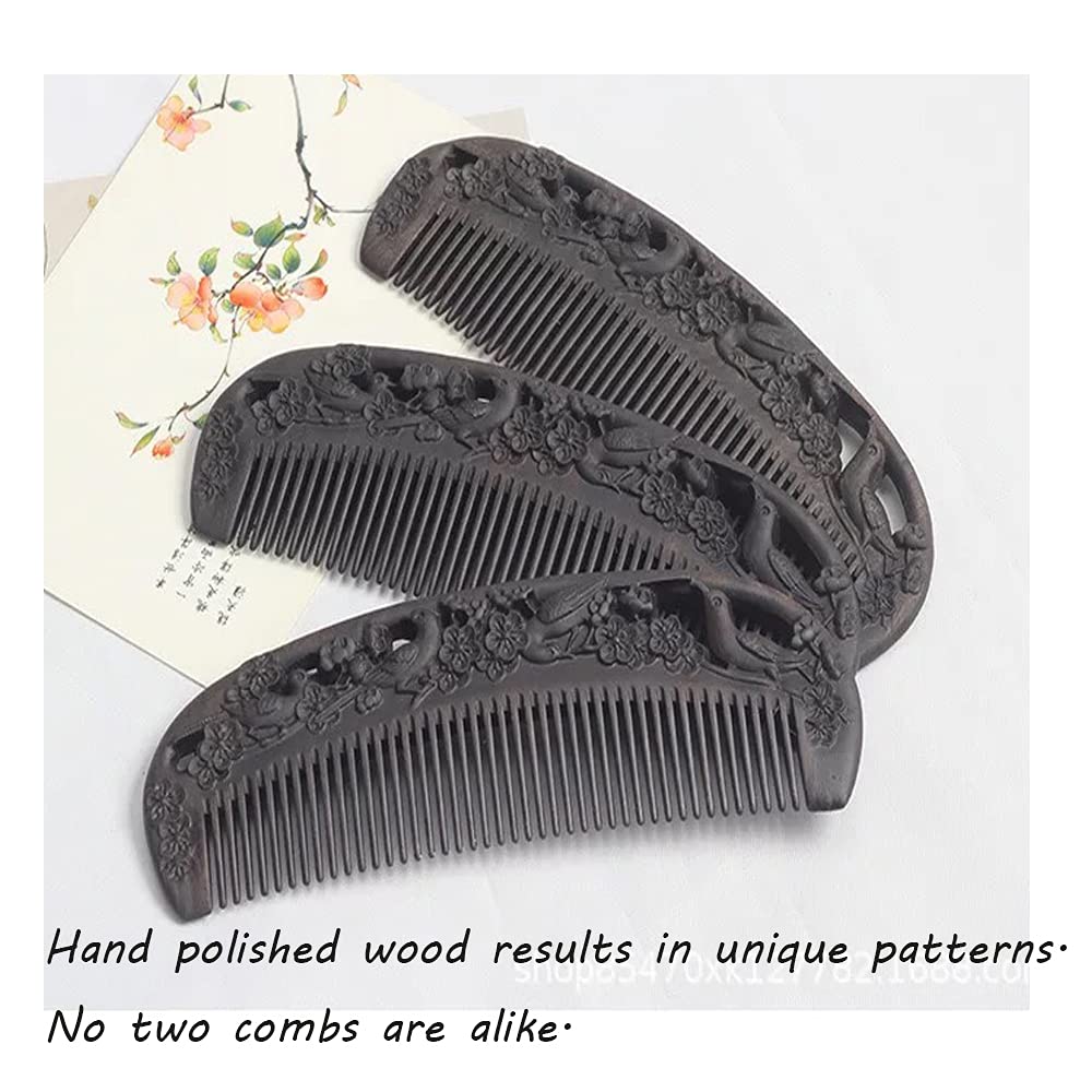 Sitronugras Ebony Wood Comb - Carved Craft Natural Black Sandalwood Hair Comb for Women - No Static Fine Tooth Comb with gift box (Birds and flowers)