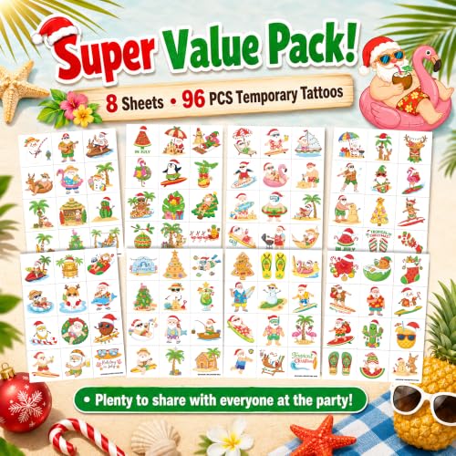 96 Pre-Cut Christmas Temporary Tattoos for Kids