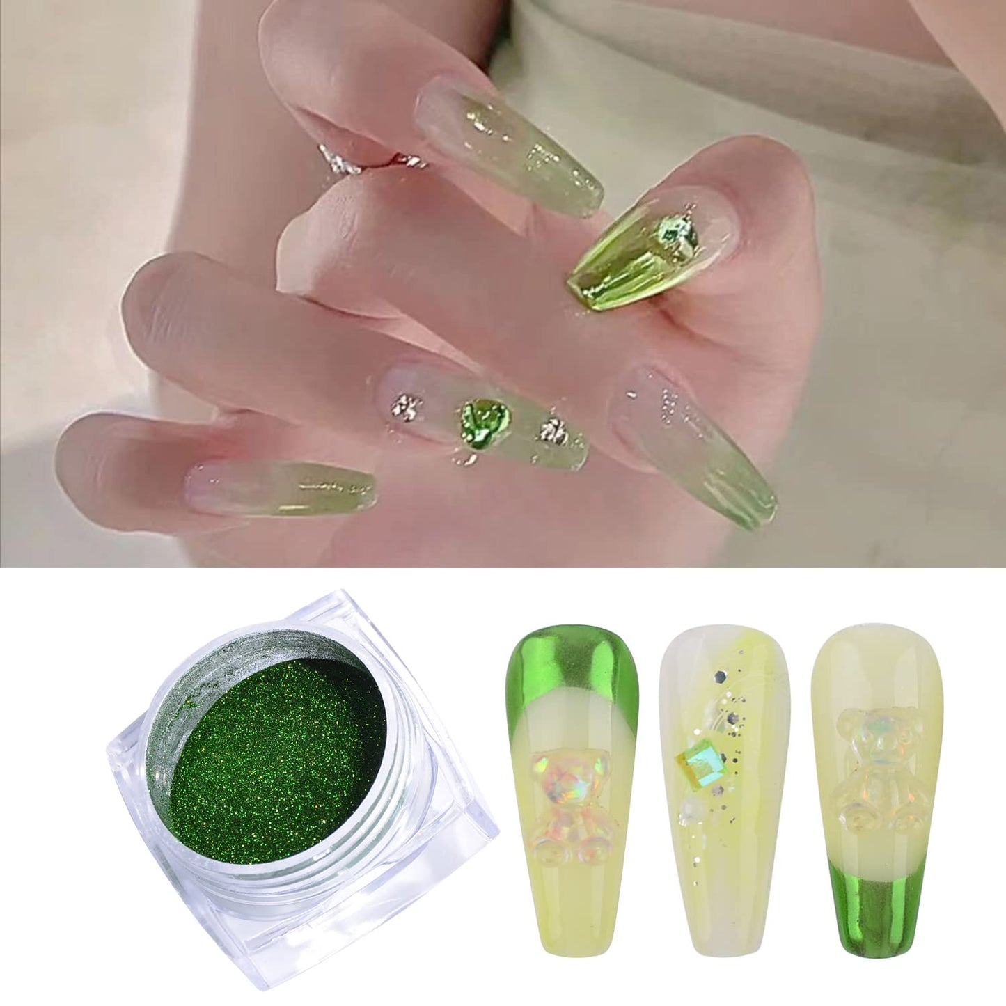 Green Chrome Nail Powder, 2 Jars Nail Art Magic Mirror Powder Chrome Pigment Powder Green Apple Raisins Chrome Nail Powder Manicure Tips with Sponge Applicators