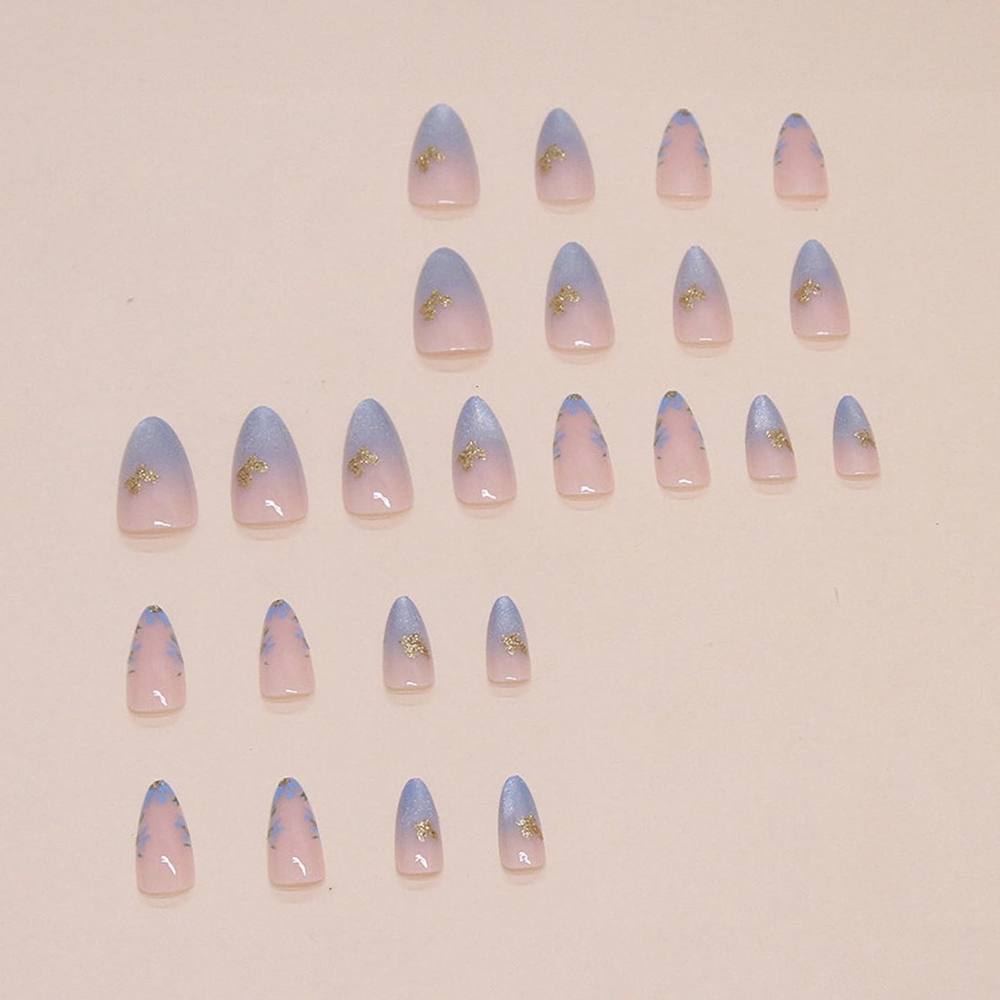 MISUD Press on Nails Medium Almond Fake Nails Glossy Glue on Nails Summer Blue Flower Acrylic Nails Stiletto Artificial Nails Cat Eye Stick on False Nails with Butterfly Design 24 pcs