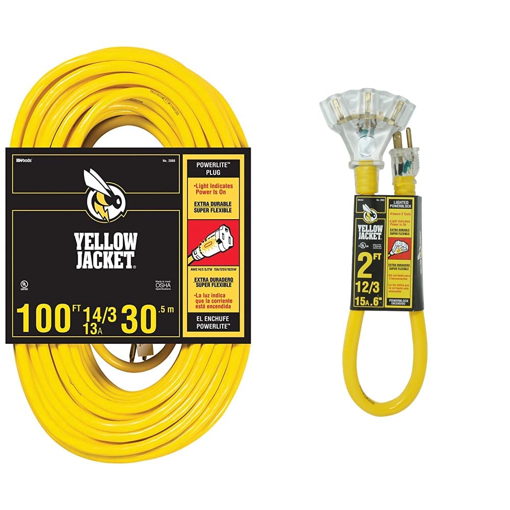 Yellow Jacket Premium SJTW Extension Cords with Lighted Ends | 2888 100' Cord + 2882 2' Cord