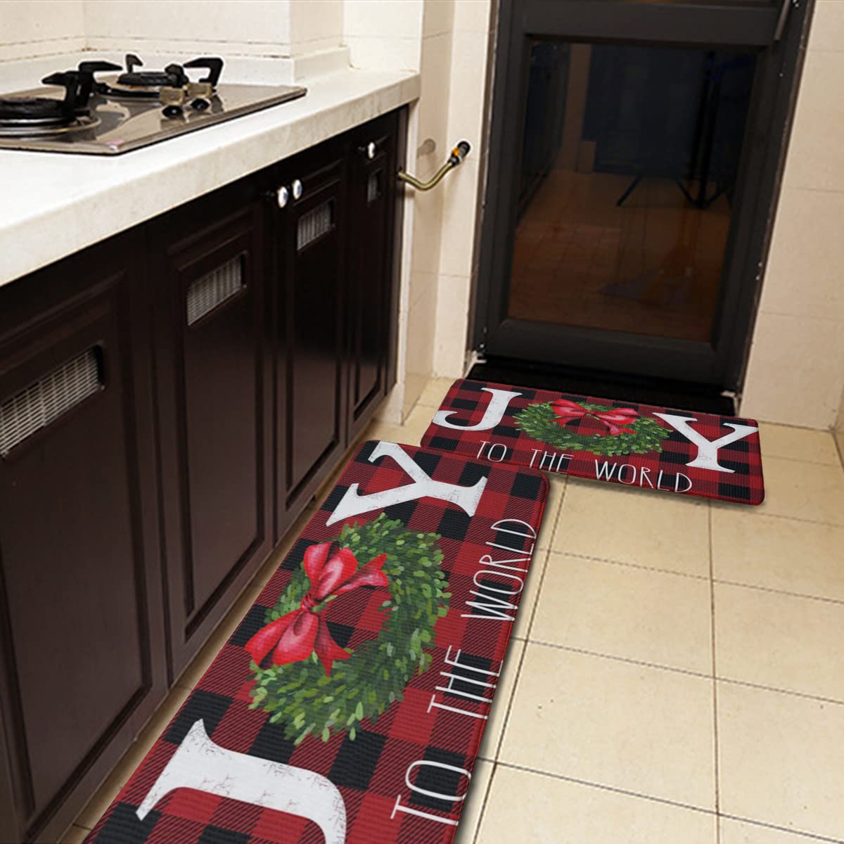 XUMING Christmas Kitchen Rugs [2 PCS] Joy to World Christmas Charm Buffalo Plaid Winter Comfort Door Mat Anti-Fatigue Carpet Anti-Slip Carpet Washable Mat for Home(17.7''x 29.5''+17.7''x 59''), A-14