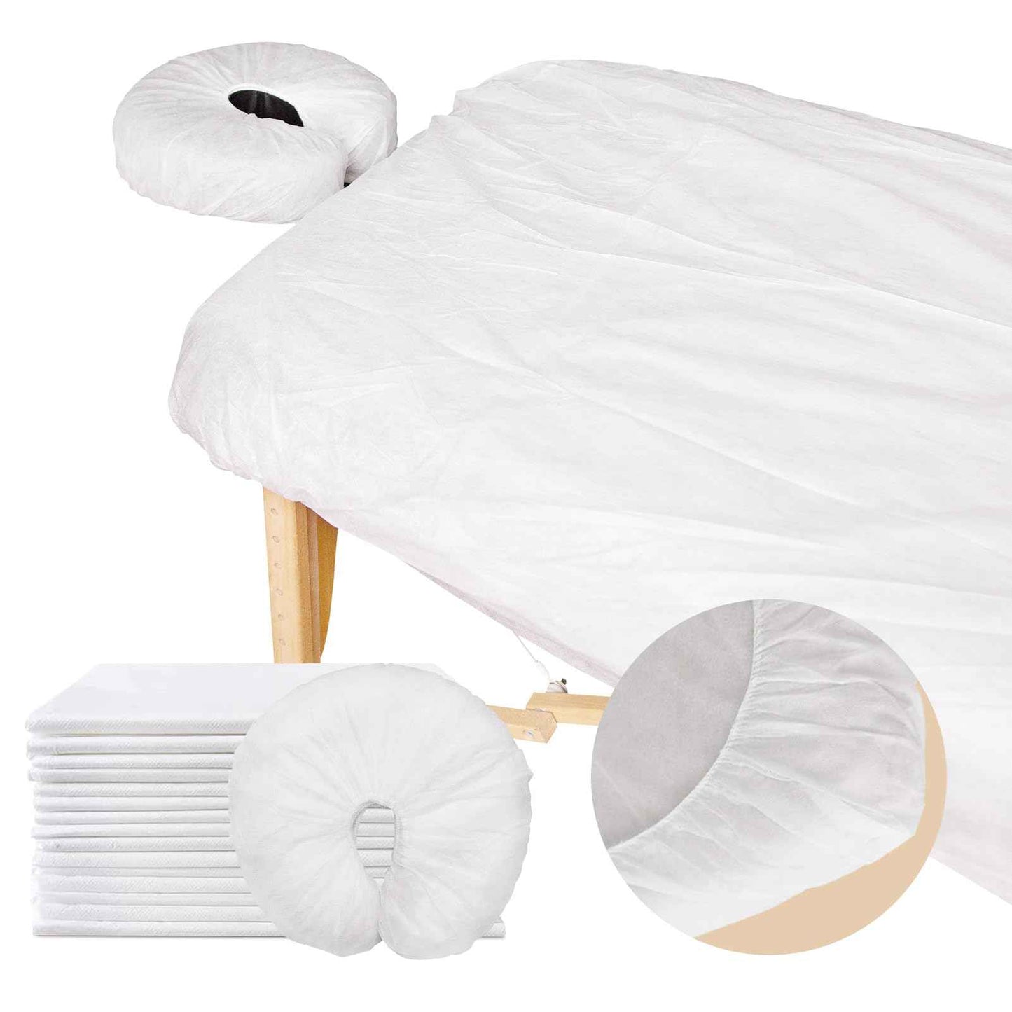 Eviqei 60 Pcs Disposable Fitted Massage Table Sheet Set - 30 Pcs Breathable Spa Bed Sheets and 30 Pcs Face Cradle Covers/Headrest Covers