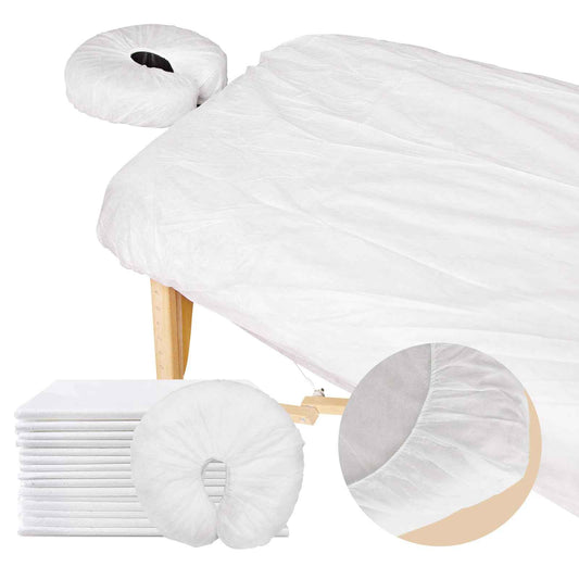 Eviqei 60 Pcs Disposable Fitted Massage Table Sheet Set - 30 Pcs Breathable Spa Bed Sheets and 30 Pcs Face Cradle Covers/Headrest Covers