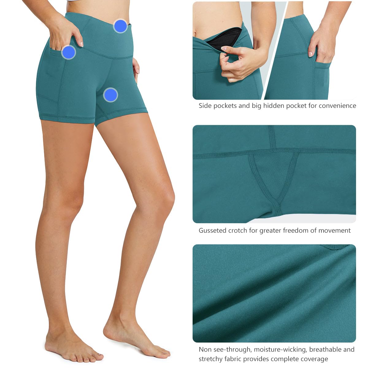 BALEAF Biker Shorts Women Yoga Gym Workout Spandex Running Volleyball Tummy Control Compression Shorts with Pockets 5" Green XS