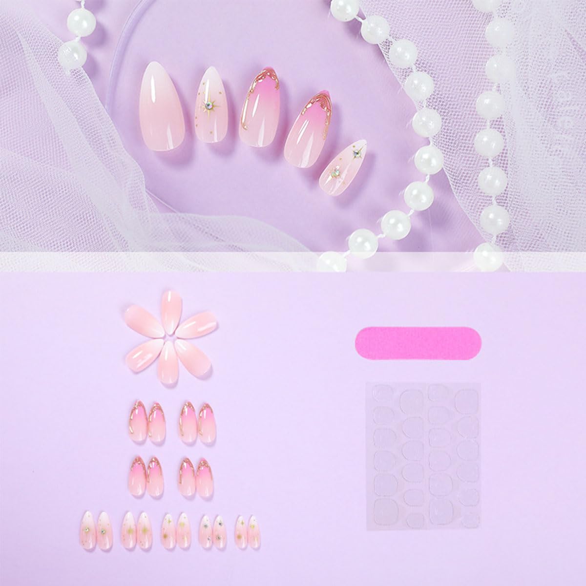 Almond French Tip Press on Nails Medium Fake Nails with Chrome Gold Star Rhinestone Designs Glossy Nude False Nails French Almond Shaped Glue on Nails Artificial Nails for Women and Girls 24Pcs