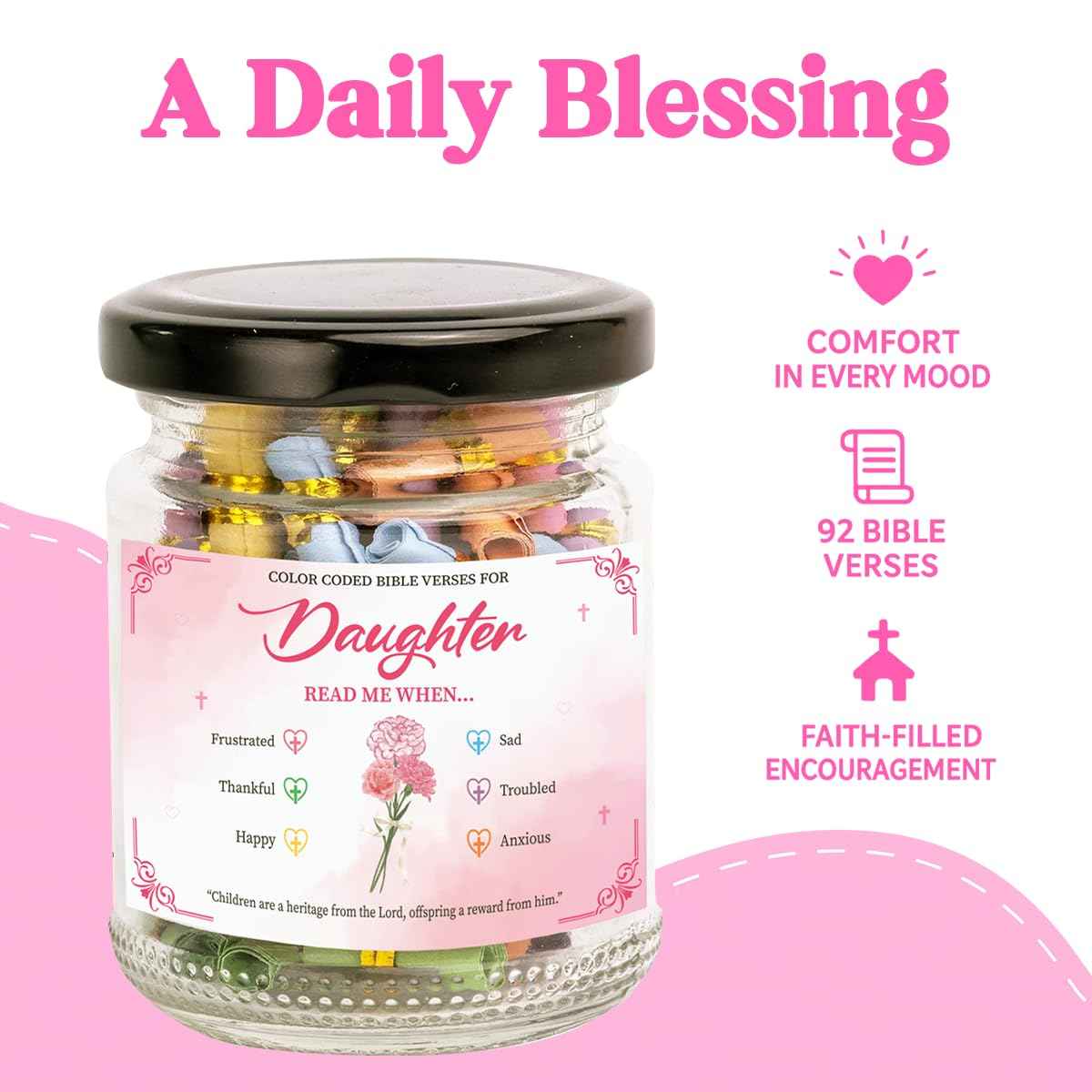 Bible Verse Jar for Daughter, Bible Accessories, Prayer Jar, Christian Gifts For Women, Religious Gifts for Daughter, Inspirational for Teen Girls, Christian Gift from Mom or Dad
