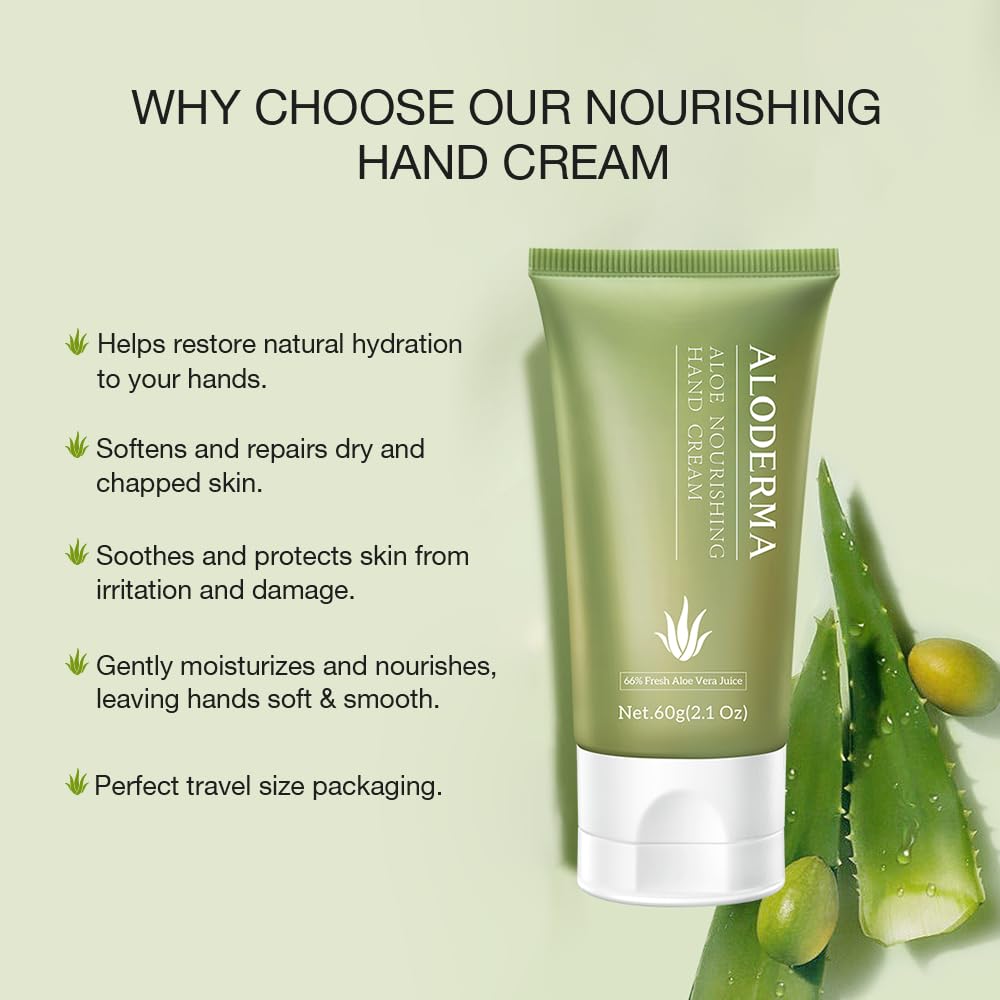 Aloderma Aloe Hand Cream with 66% Organic Aloe Vera for Men & Women, Non-Greasy Gentle Hand Cream for Dry, Cracked Hands, Moisturizing Aloe Working Hands Lotion with Shea Butter for Soft Hands, 2.1oz