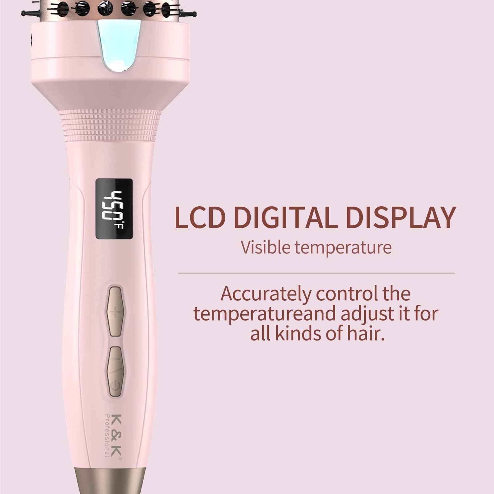 K&K Thermal Brush Heated Round Brush - Blowout Look Volumizer with 1.7 inch Heated Round for Hair Styler Tool Hair Straightener and Curler 2 in 1 Dual Voltage Temperture Contronal (Pink, 1.7 Inch)
