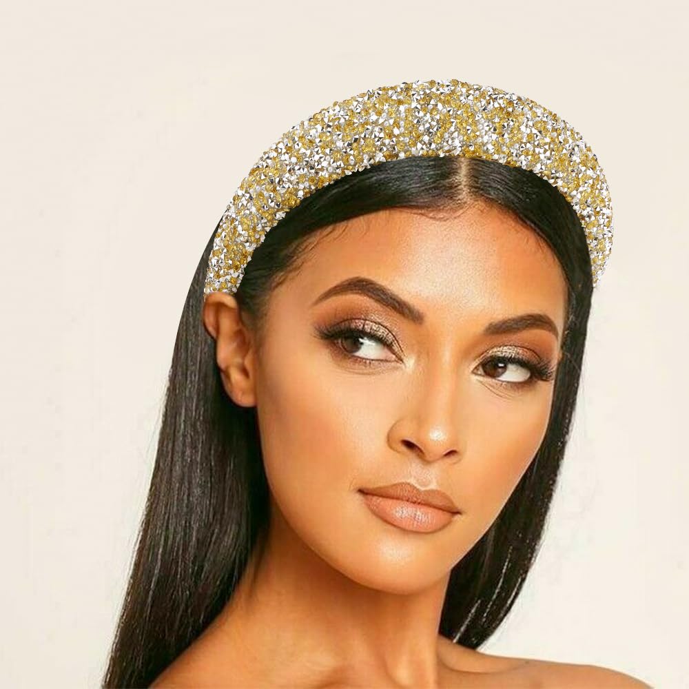 AHONEY 2 Pack Rhinestone Headband Women Thick Padded Headband, Sequin Beaded Pearls Head Band Glitter Cute Headband Birthday Prom Hair Accessories For Women Girls (Black&Gold)