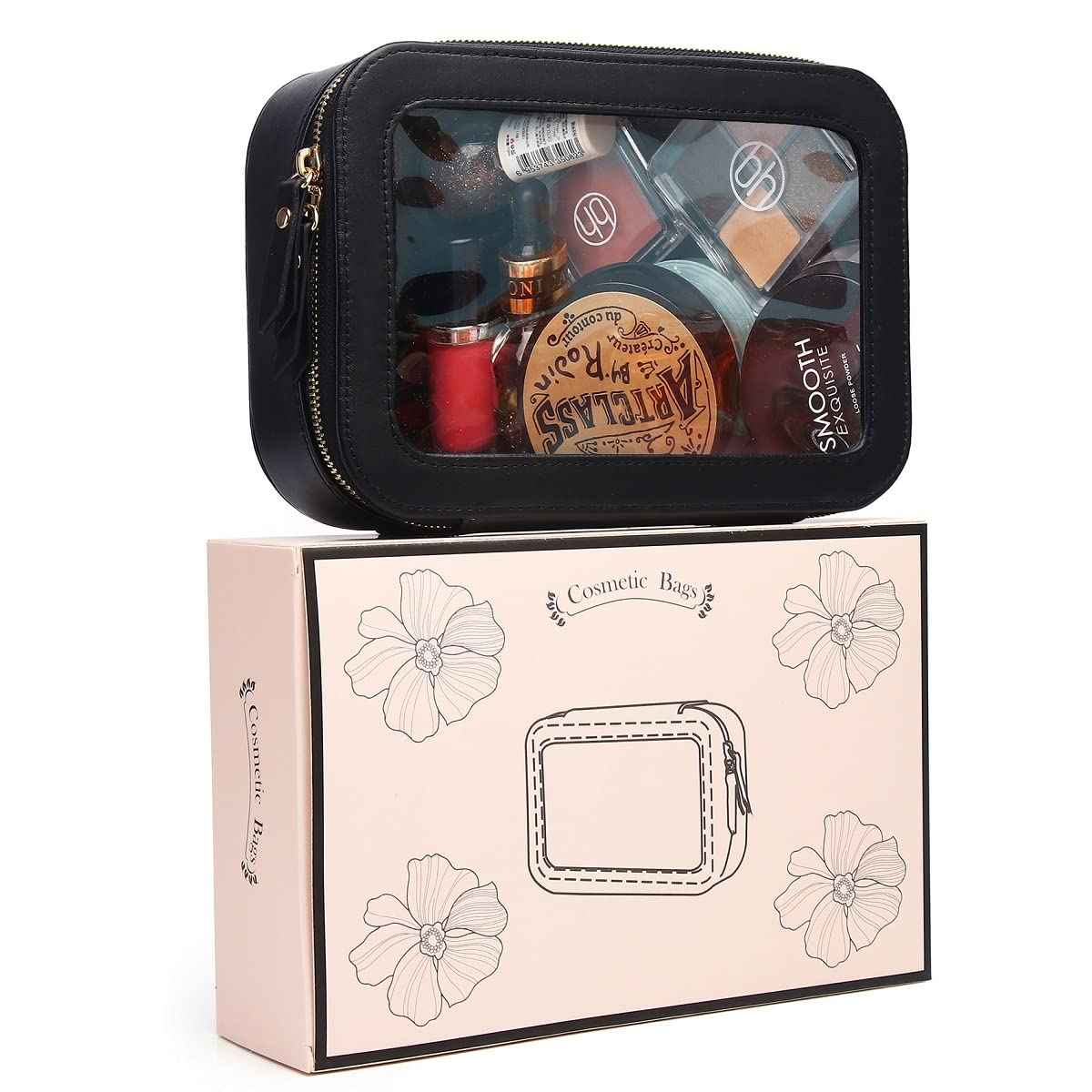 Duolan Clear Makeup Bag for Women Transparent Cosmetic Bag Case Clear Accessories Bag Portable Makeup Bag for Car (A/Black, M)