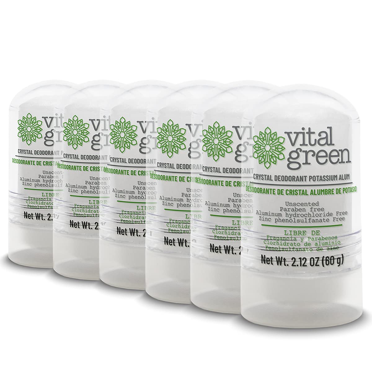 Vital Green Crystal Potassium Alum Deodorant - Unscented Mineral Deodorant For Men, Women And Athletes - 2.12oz / 60 g (6 Units)