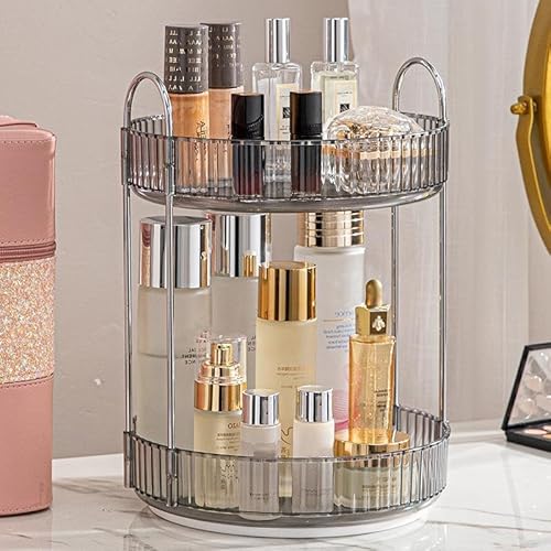 Makeup Organizer for Vanity, 360¡Æ Rotating Bathroom Organizer Countertop, High-Capacity Skincare Organizer, Spinning Cosmetics Organizer for Dresser Countertop (2 Tiers, Grey)
