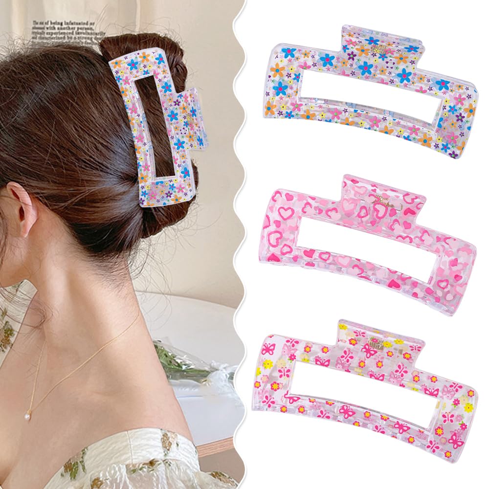 Flower Hair Clips for Women and Girls Acrylic Pink Heart Daisy Pink Butterfly Design Claw Clips for Thick Thin Hair Flower Hair Clips Hair Accessories for Women 3Pcs