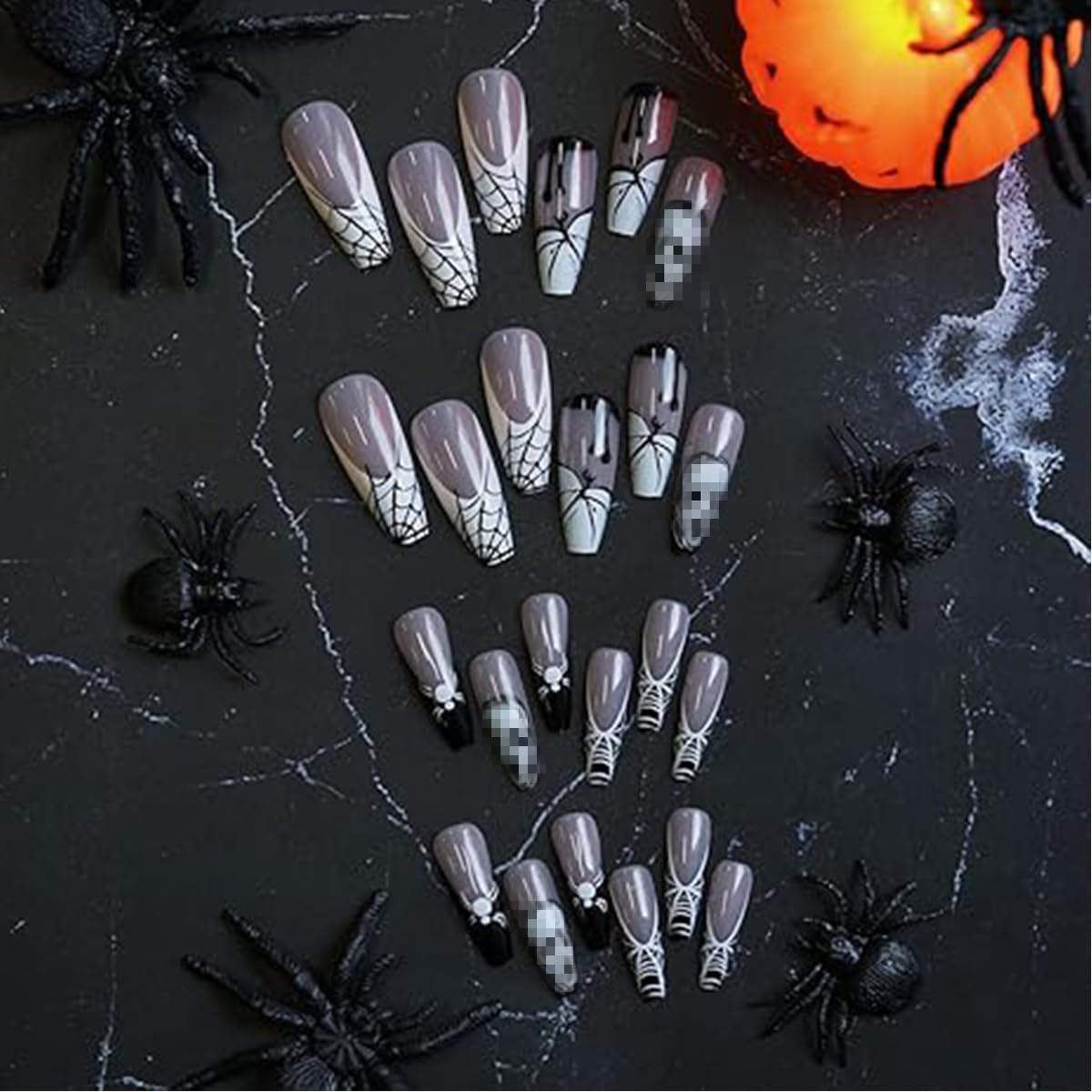 Halloween Press on Nails Long Coffin Fake Nails Black French Tip False Nails with Designs Spider Cobweb Ghost Pumpkin Glue on Nails Fall Cover Glossy Acrylic Nails Stick on Nails for Women Girls 24Pcs