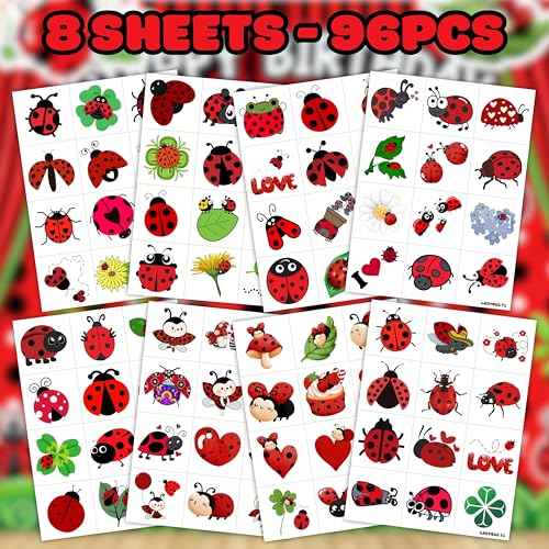 96PCS Ladybug Pre-Cut Temporary Tattoos for Kids - Cute Lady Beetle Bug Tattoos, Party Favors, Birthday Decorations, Classroom Rewards, Halloween Gifts for Boys & Girls