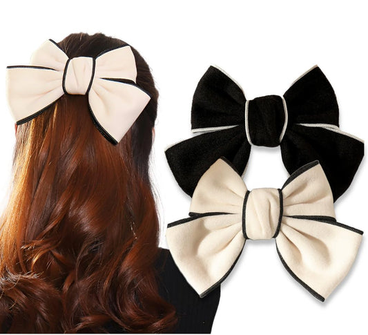 Hair Bows for Women 2 Pcs Big Soft Fabric Hair Bow Clips Black White Bowknot Barrettes Ponytail Ribbon for Girls Holiday Party Birthday Gift