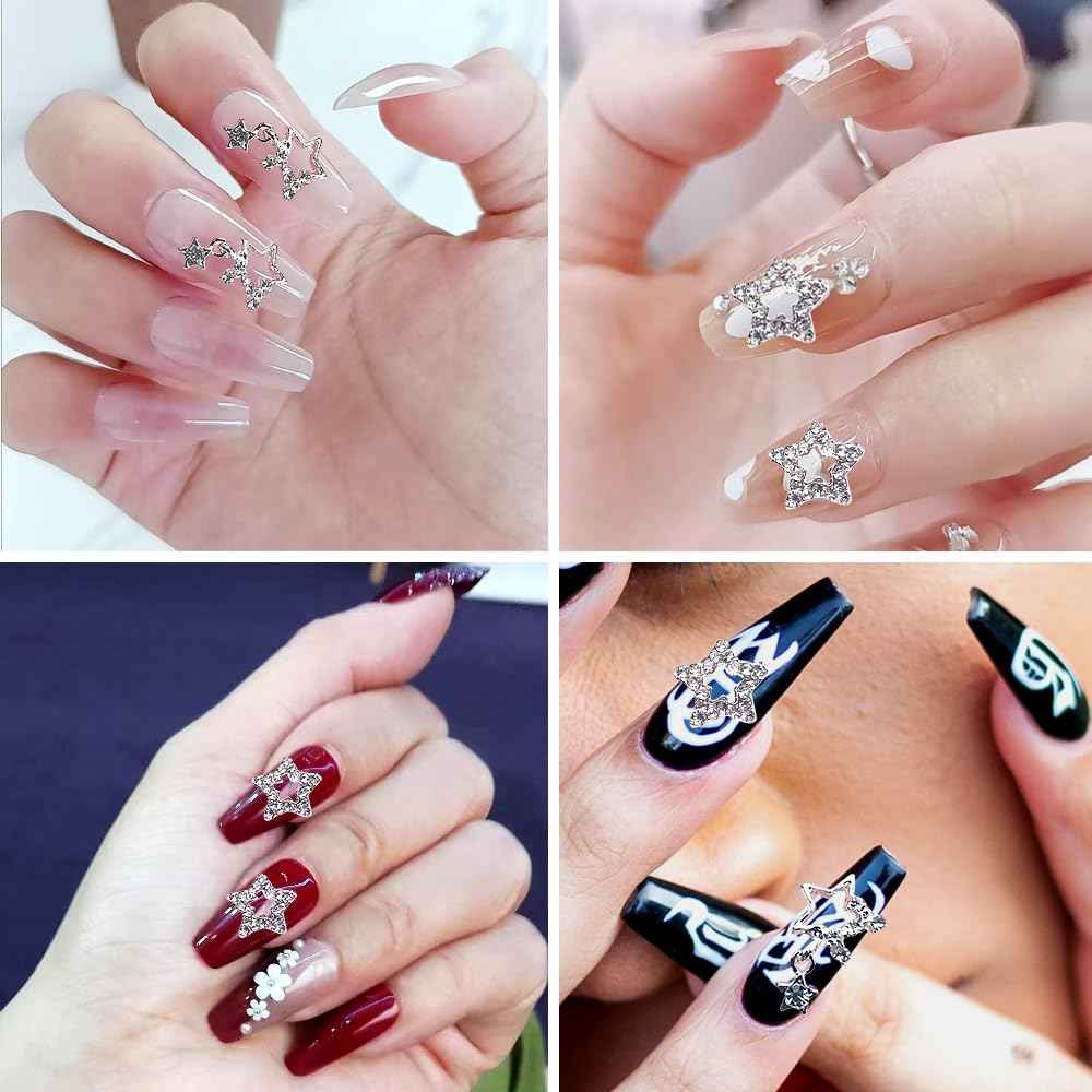 20 Pcs Star Nail Charms for Acrylic Nails, 3D Silver Stars Nail Rhinestones Nail Gems Jewels Pentagram, Shiny Crystal Star Nail Art Charms, 3D Nail Art Supplies, Nail Gems for Nails Designs