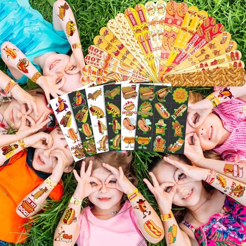 96 PCS Hot Dog Party Favors Set ? 72 Pre-Cut Temporary Tattoos & 24 Slap Bracelets for Kids, Perfect for Food-Themed Birthday Parties, BBQ Celebrations & Classroom Rewards