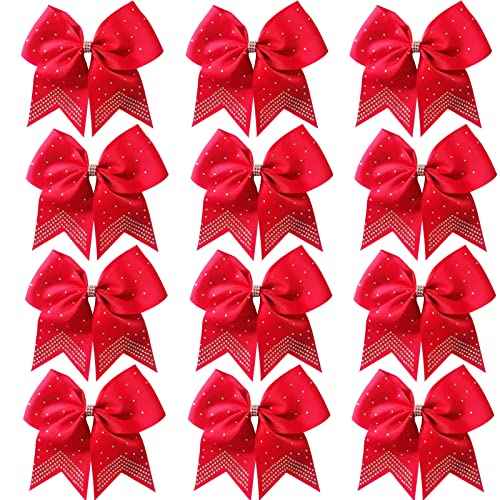 Hipcheer 12PCS 8" Rhinestones Large Cheer Hair Bows for Girls, Hand-made Grosgrain Ribbon Hair Accessories for Teen Girls Softball Cheerleader Sport (Red)