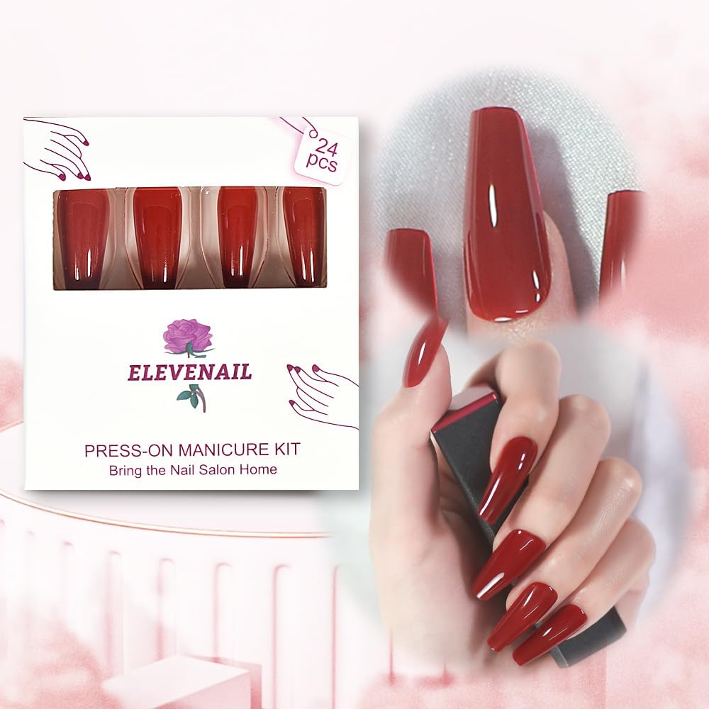 Elevenail Glossy Red Press on Nails Long Coffin False Nails Faux Ongles Reusable Solid Color Nail Art Tips Salon DIY Manicure Acrylic Fake Nails Gifts for Women Girls