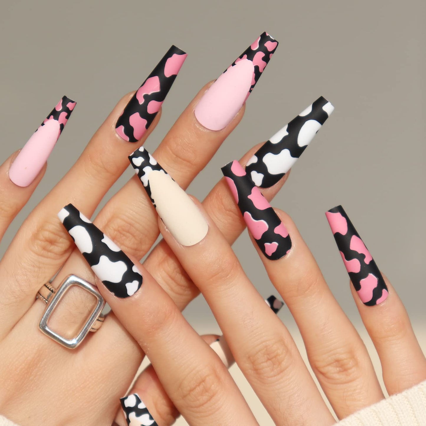 BABALAL Long Press on Nails Coffin Fake Nails Cow Print Nails Ballerina Nails Matte False Nails for Women and Girls