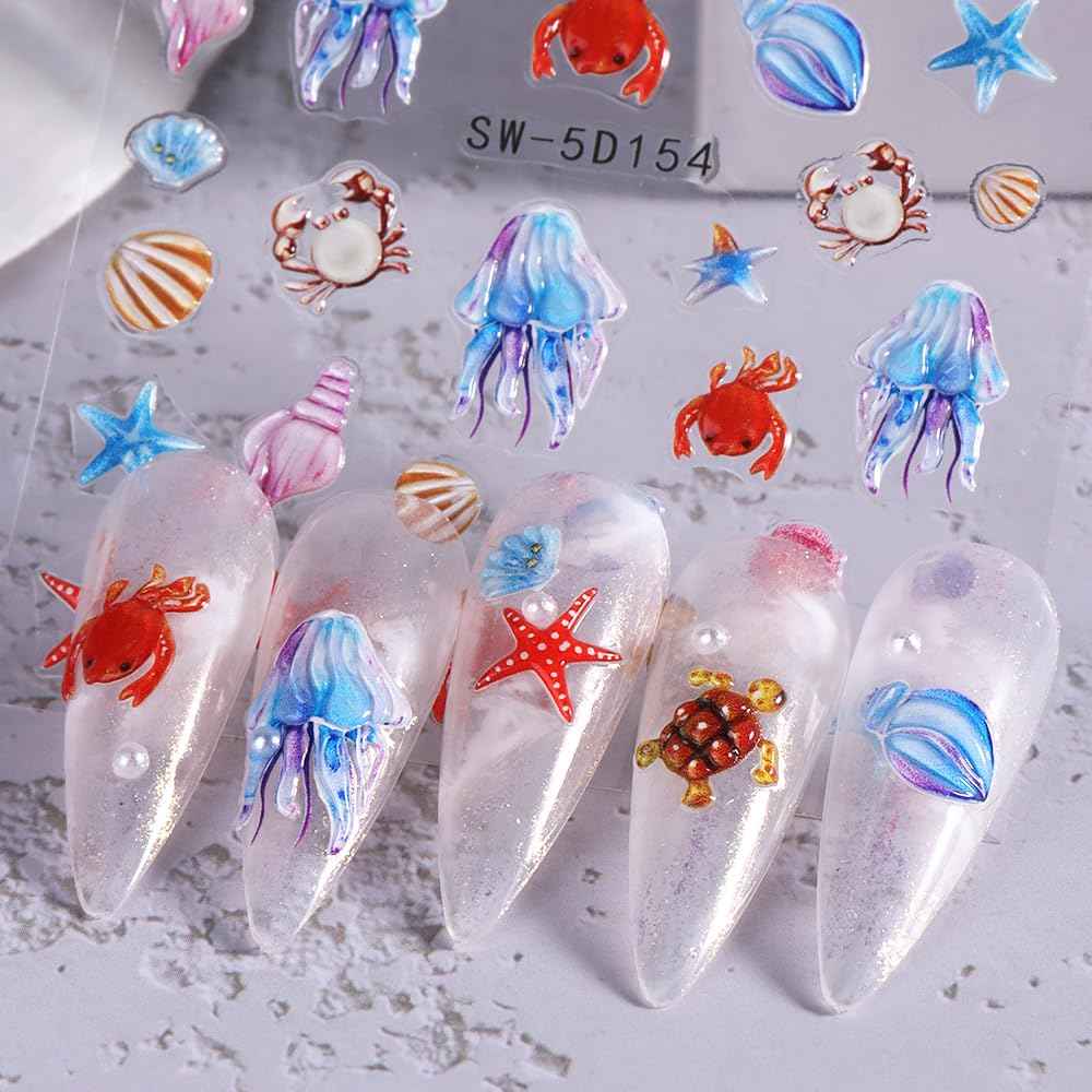 5D Embossed Ocean Nail Stickers - Summer Decals With Shell, Starfish, Jellyfish, Sea Animals - Beach Art Supplies for Nails